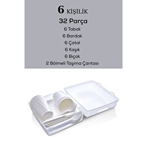 6 Kişilik Çantalı Beyaz Çatal Bıçak Kaşık Ve Tabak Piknik Seti Mit1232