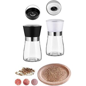 2 Li Set Cam Siyah Beyaz Tuz Karabiber Değirmeni Tuzluk Biberlik Mit1242