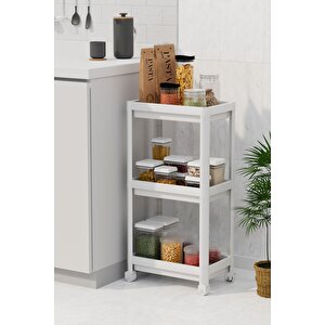 3 Katlı Hazneli Tekerlekli Beyaz Mutfak Banyo Rafı Pg Mit1214