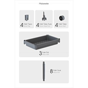 Mithra Life 3 Katlı Hazneli Tekerlekli Gri Mutfak Banyo Rafı Pg Mit1216
