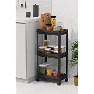 3 Katlı Hazneli Tekerlekli Siyah Mutfak Banyo Rafı Pg Mit1215