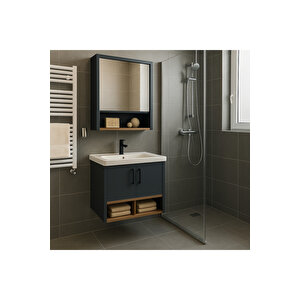 Legna 65 Cm Banyo Dolabı Takımı – Antrasit & Ahşap – Mdf – Seramik Lavabolu – Alt Ve Üst Dolaplı