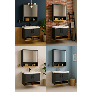 Legna 65 Cm Banyo Dolabı Takımı – Antrasit & Ahşap – Mdf – Seramik Lavabolu – Alt Ve Üst Dolaplı