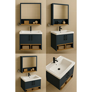 Legna 65 Cm Banyo Dolabı Takımı – Antrasit & Ahşap – Mdf – Seramik Lavabolu – Alt Ve Üst Dolaplı