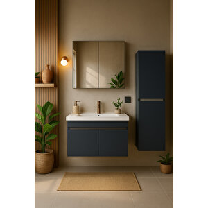 Arista 80 Cm Antrasit Renkli Mdf, Seramik Lavabolu Alt - Üst Ve Boy Dolaplı, Banyo Dolabı Seti