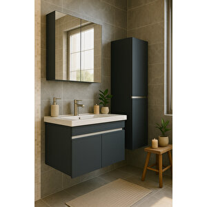 Arista 80 Cm Antrasit Renkli Mdf, Seramik Lavabolu Alt - Üst Ve Boy Dolaplı, Banyo Dolabı Seti