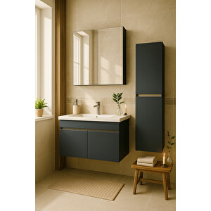 Arista 80 Cm Antrasit Renkli Mdf, Seramik Lavabolu Alt - Üst Ve Boy Dolaplı, Banyo Dolabı Seti