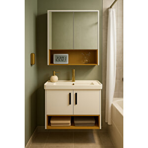 Legna 80 Cm Beyaz & Ahşap Banyo Dolabı Takımı – Alt Ve Üst Dolap (lavabo Dahil)