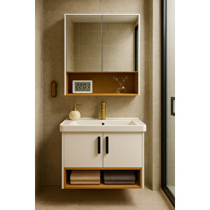 Legna 80 Cm Beyaz & Ahşap Banyo Dolabı Takımı – Alt Ve Üst Dolap (lavabo Dahil)