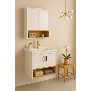 Legna 80 Cm Beyaz & Ahşap Banyo Dolabı Takımı – Alt Ve Üst Dolap (lavabo Dahil)