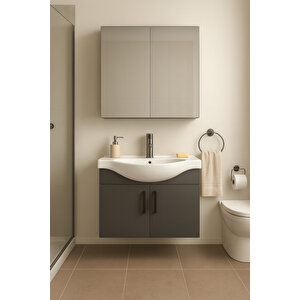 Nova 80 Cm %100 Mdf Antrasit Renkli, Oval Seramik Lavabolu, Alt- Üst Dolap Banyo Dolabı Takımı