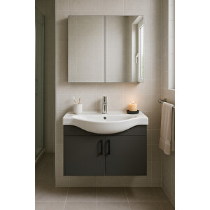 Nova 80 Cm %100 Mdf Antrasit Renkli, Oval Seramik Lavabolu, Alt- Üst Dolap Banyo Dolabı Takımı