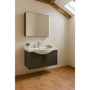 Nova 80 Cm %100 Mdf Antrasit Renkli, Oval Seramik Lavabolu, Alt- Üst Dolap Banyo Dolabı Takımı