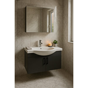 Nova 80 Cm %100 Mdf Antrasit Renkli, Oval Seramik Lavabolu, Alt- Üst Dolap Banyo Dolabı Takımı