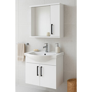 Lacrime 65 Cm Beyaz Renkli Mdf, Oval Seramik Lavabolu, Alt Ve Üst Dolaplı, Banyo Dolabı Takımı