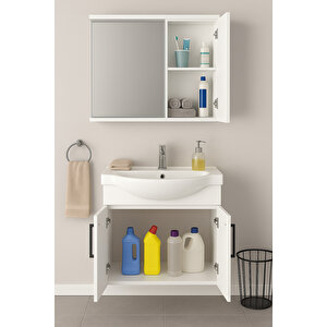 Lacrime 65 Cm Beyaz Renkli Mdf, Oval Seramik Lavabolu, Alt Ve Üst Dolaplı, Banyo Dolabı Takımı