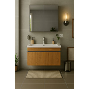 Arista 80 Cm Ahşap Mdf Seramik Lavabolu Banyo Dolabı Takımı – Alt & Üst Dolaplı, Aynalı