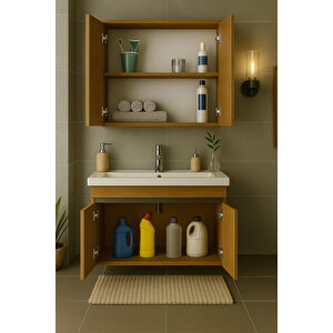 Arista 80 Cm Ahşap Mdf Seramik Lavabolu Banyo Dolabı Takımı – Alt & Üst Dolaplı, Aynalı