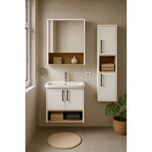 Legna 80 Cm Beyaz-ahşap Renkli, Seramik Lavabolu, Alt - Üst Ve Boy Dolaplı Mdf Banyo Dolabı Seti