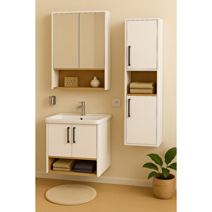Legna 80 Cm Beyaz-ahşap Renkli, Seramik Lavabolu, Alt - Üst Ve Boy Dolaplı Mdf Banyo Dolabı Seti