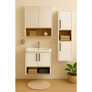 Legna 80 Cm Beyaz-ahşap Renkli, Seramik Lavabolu, Alt - Üst Ve Boy Dolaplı Mdf Banyo Dolabı Seti