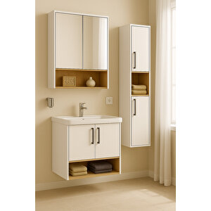 Legna 80 Cm Beyaz-ahşap Renkli, Seramik Lavabolu, Alt - Üst Ve Boy Dolaplı Mdf Banyo Dolabı Seti