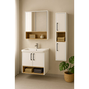 Legna 80 Cm Beyaz-ahşap Renkli, Seramik Lavabolu, Alt - Üst Ve Boy Dolaplı Mdf Banyo Dolabı Seti
