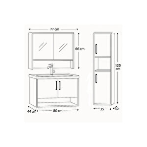 Legna 80 Cm Beyaz-ahşap Renkli, Seramik Lavabolu, Alt - Üst Ve Boy Dolaplı Mdf Banyo Dolabı Seti