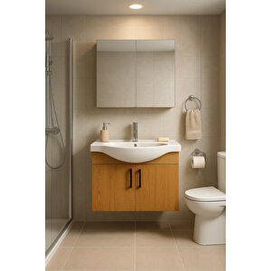 Nova 80 Cm %100 Mdf Ahşap Renkli, Oval Seramik Lavabolu, Alt Ve Üst Dolaplı, Banyo Dolabı Takımı