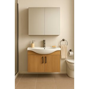 Nova 80 Cm %100 Mdf Ahşap Renkli, Oval Seramik Lavabolu, Alt Ve Üst Dolaplı, Banyo Dolabı Takımı