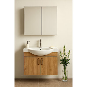 Nova 80 Cm %100 Mdf Ahşap Renkli, Oval Seramik Lavabolu, Alt Ve Üst Dolaplı, Banyo Dolabı Takımı