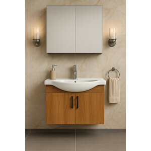 Nova 80 Cm %100 Mdf Ahşap Renkli, Oval Seramik Lavabolu, Alt Ve Üst Dolaplı, Banyo Dolabı Takımı