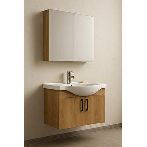 Nova 80 Cm %100 Mdf Ahşap Renkli, Oval Seramik Lavabolu, Alt Ve Üst Dolaplı, Banyo Dolabı Takımı