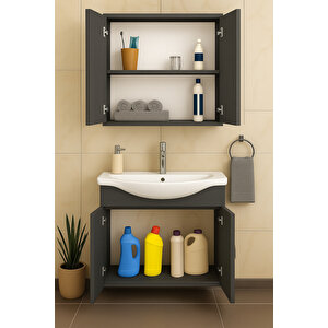 Nova 80 Cm %100 Mdf Ahşap Renkli, Oval Seramik Lavabolu, Alt Ve Üst Dolaplı, Banyo Dolabı Takımı