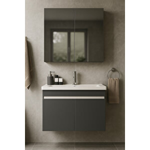 Arista 80 Cm Antrasit Renkli Mdf, Seramik Lavabolu, Alt Ve Üst Dolaplı, Banyo Dolabı Takımı