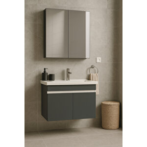 Arista 80 Cm Antrasit Renkli Mdf, Seramik Lavabolu, Alt Ve Üst Dolaplı, Banyo Dolabı Takımı