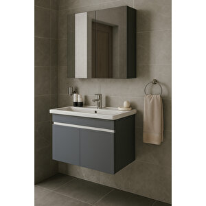 Arista 80 Cm Antrasit Renkli Mdf, Seramik Lavabolu, Alt Ve Üst Dolaplı, Banyo Dolabı Takımı