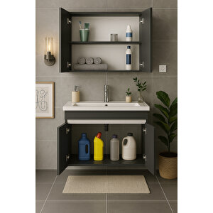 Arista 80 Cm Antrasit Renkli Mdf, Seramik Lavabolu, Alt Ve Üst Dolaplı, Banyo Dolabı Takımı
