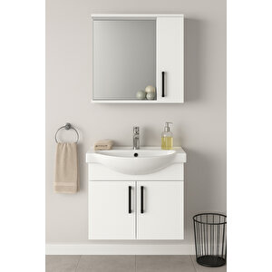 Lacrime 65 Cm Beyaz Renkli Mdf, Oval Seramik Lavabolu, Alt Ve Üst Dolaplı, Banyo Dolabı Takımı