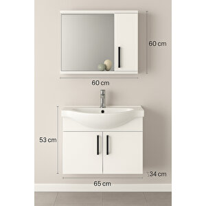 Lacrime 65 Cm Beyaz Renkli Mdf, Oval Seramik Lavabolu, Alt Ve Üst Dolaplı, Banyo Dolabı Takımı