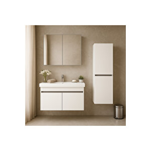 Arista 80cm Beyaz Renkli Mdf, Seramik Lavabolu, Alt - Üst Ve Boy Dolaplı, Banyo Dolabı Seti