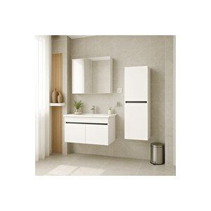 Arista 80cm Beyaz Renkli Mdf, Seramik Lavabolu, Alt - Üst Ve Boy Dolaplı, Banyo Dolabı Seti
