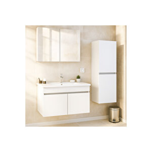 Arista 80cm Beyaz Renkli Mdf, Seramik Lavabolu, Alt - Üst Ve Boy Dolaplı, Banyo Dolabı Seti