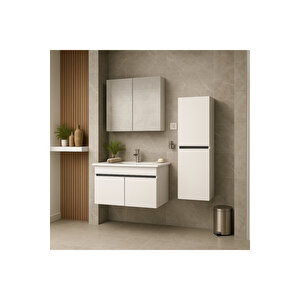 Arista 80cm Beyaz Renkli Mdf, Seramik Lavabolu, Alt - Üst Ve Boy Dolaplı, Banyo Dolabı Seti