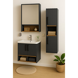 Legna 65 Cm Antrasit-ahşap Renkli, Seramik Lavabolu, Alt - Üst Ve Boy Dolaplı Mdf Banyo Dolabı Seti