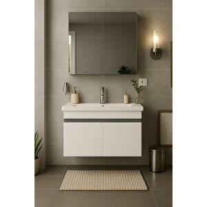 Arista 80cm Beyaz Renkli Mdf, Seramik Lavabolu, Alt Ve Üst  Dolaplı, Üst Aynalı, Banyo Dolabı Takımı