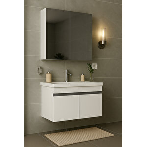 Arista 80cm Beyaz Renkli Mdf, Seramik Lavabolu, Alt Ve Üst  Dolaplı, Üst Aynalı, Banyo Dolabı Takımı