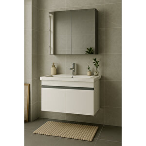 Arista 80cm Beyaz Renkli Mdf, Seramik Lavabolu, Alt Ve Üst  Dolaplı, Üst Aynalı, Banyo Dolabı Takımı