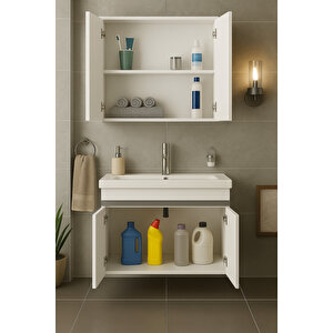Arista 80cm Beyaz Renkli Mdf, Seramik Lavabolu, Alt Ve Üst  Dolaplı, Üst Aynalı, Banyo Dolabı Takımı