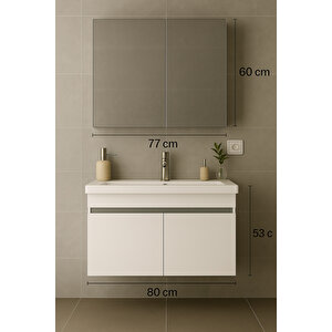 Arista 80cm Beyaz Renkli Mdf, Seramik Lavabolu, Alt Ve Üst  Dolaplı, Üst Aynalı, Banyo Dolabı Takımı